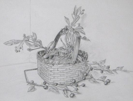Pencil Sketch with Basket and Berries.